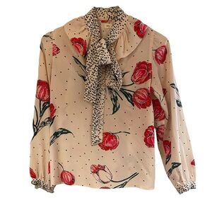 Warm / Botanical polka dot retro bow pink Floral Blouse High Neck Tie 0 XS